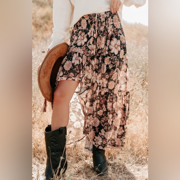 NWT Promesa Floral Print Asymmetrical High Low Hi/Lo Smocked Maxi Skirt - Picture 2 of 10